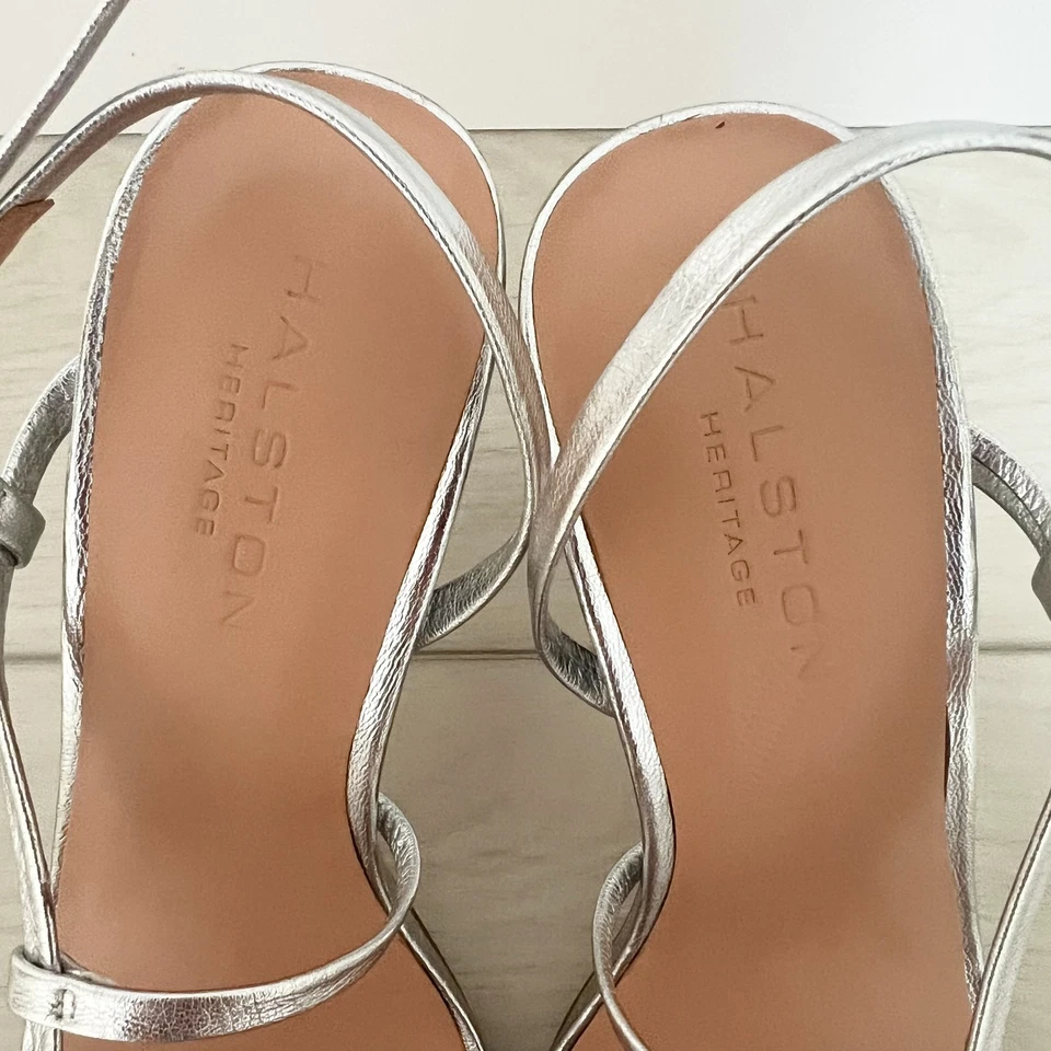 Halston Heritage Silver Strappy Heels Size 8 Metallic Slingback Sandal Worn Once - Image 3 of 4