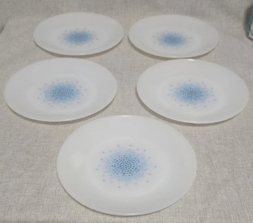 Vintage Anchor Hocking Fire King Blue Mosaic 10” Milk Glass 5 Dinner Plates