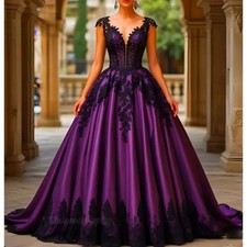 Vintage Gothic Purple Wedding Dresses with Black Lace Applique Satin A-Line Gown