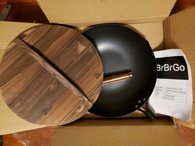 BrBrGo Carbon Steel Wok Pan, 5 Piece Authentic Chinese Wok & Stir-Fry Pans Se...