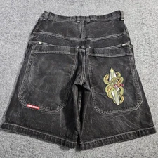 JNCO Jeans Denim Shorts Men 38 Black Embroidered Snake Baggy Skater 90s Y2K Surf