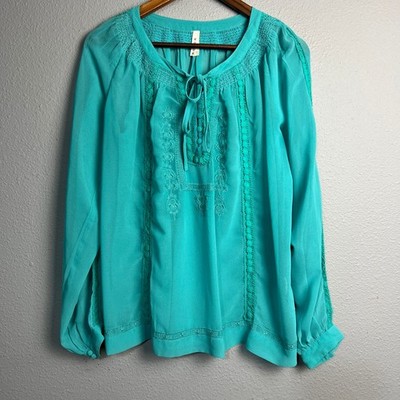 Roper Western Womens Medium Turquoise Embroidered Peasant Long Sleeve Blouse Top