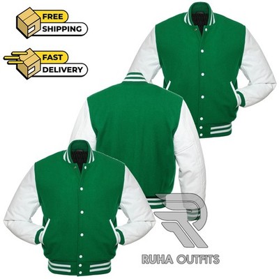 Men's Classic Wool Green/White Leather Sleeves Lettermen Baseball Varsity Jacket