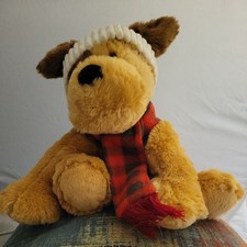 Hugfun Dog Plush Christmas Holiday Plaid Beanie Scarf Sitting 12 Inch