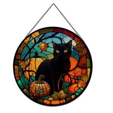 Black Cat Pattern Suncatcher Stained Glass,Hanging Stained Glass for Windows
