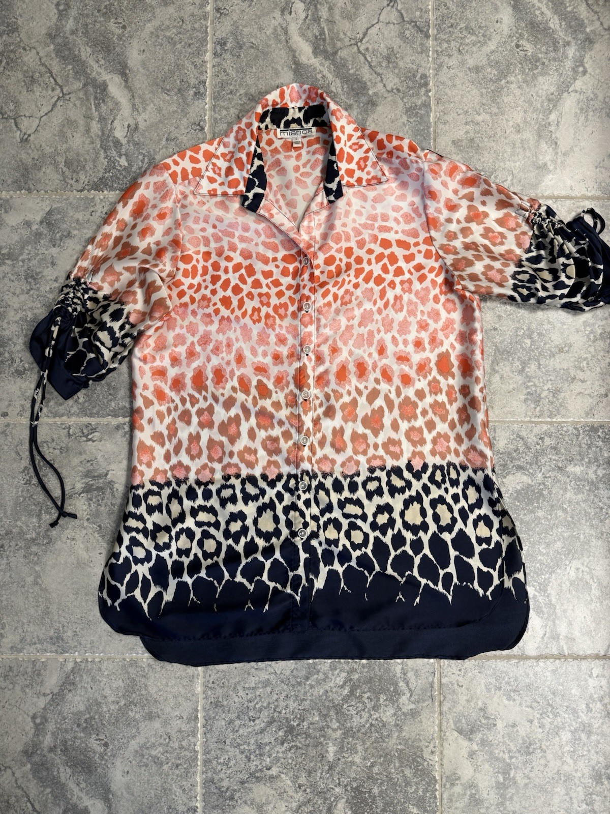 Mishca Animal Print Sheer Button Down Blouse Cinched Sleeves Women’s Size Medium
