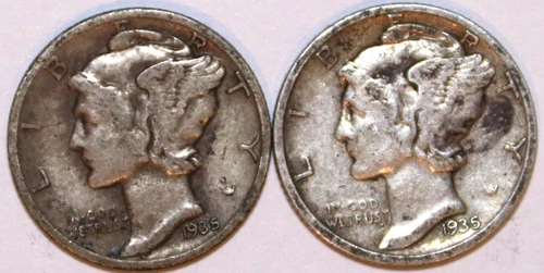 (2) Mercury Dimes - 1935P(Fine/VF) 1935S(Fine/VF) - #2496AT FREE SHIPPING