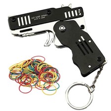 Mini Rubber Band Gun Metal Folding Keychain with 100 Small, Black 