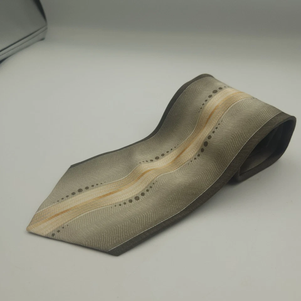 Emilio Ponti 100% 真丝手工领带绿色米色金色条纹圆点 3.5 英寸宽意大利 — 第 2/4 张图片