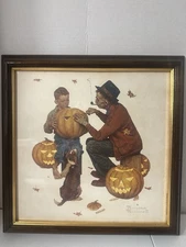 Vintage NORMAN ROCKWELL Pumpkin Carving Halloween Jack O Lantern Art  14”x14”