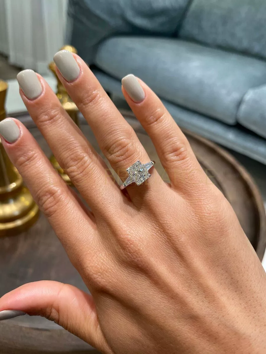 2.5 Carat Natural Radiant Cut Diamond Three Stone Engagement Ring