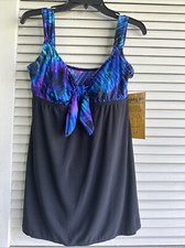NWT Robby Len Sz 12 Woman  s One Pc Swim-Dress Black Purple/Blue Top Built In Bra
