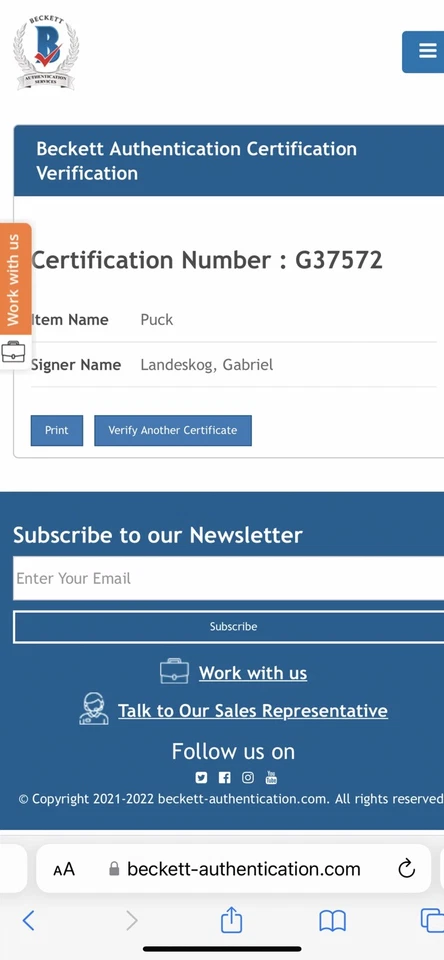 Gabriel Landeskog Signed Autographed 2019 All Star Hockey Puck Beckett BAS COA a - Image 3 of 3