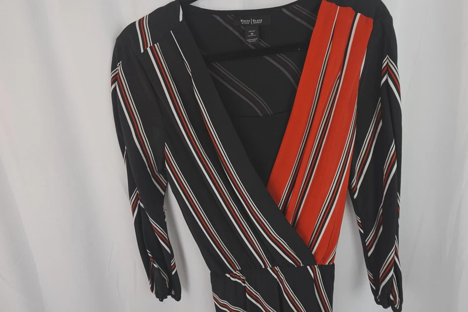 Vestido midi a rayas de seda con cuello en V manga 3/4 manga White House Black Market para mujer Foto 3 de 4