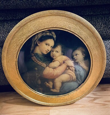 Vtge Madonna of the Chair by Raphael Art Print In Round Gold Frame 11 ...