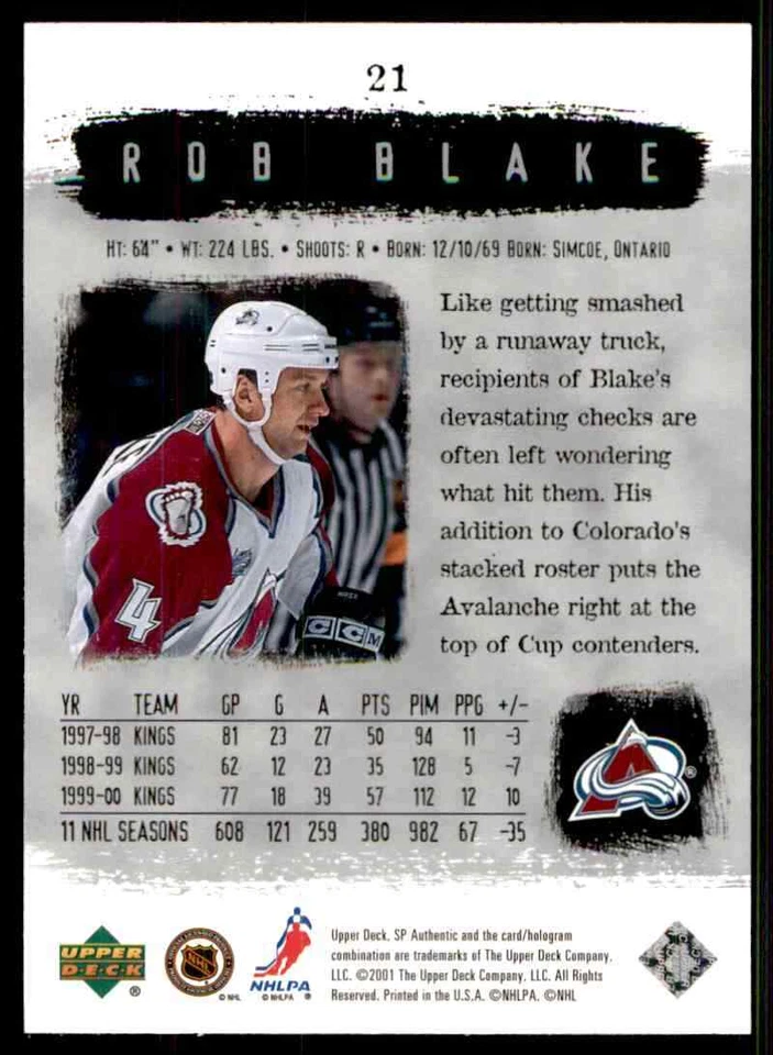 2000-01 Upper Deck SP Authentic Rob Blake #21 - Image 2 of 2