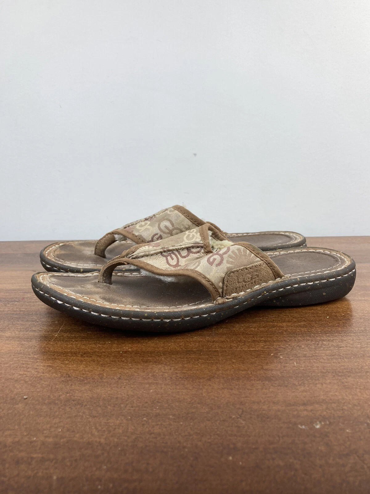 UGG 1623 scarpe sandali foderati shearling donna taglia 6 raro logo marrone pelle scamosciata