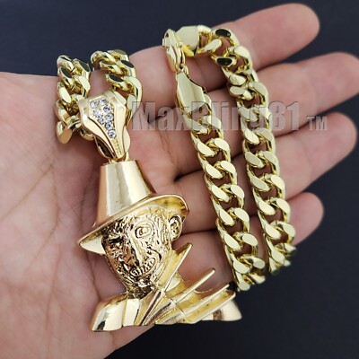 Gold Plated Alloy FREDDY KRUEGER Charm & 10mm 18'' ~ 30'' Cuban Chain Necklace 