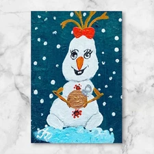 ACEO Funny Snowman 5 Original Painting Christmas Decor Mini Gift Art Handmade