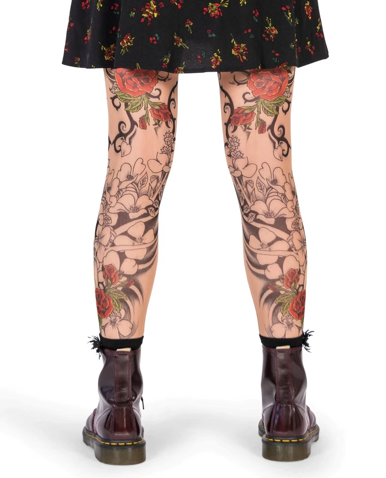 Leggings de tatuagem feminina rosa selvagem flamenco malha bronzeada rosa vermelha tribal tamanho XS a 2XL - Imagem 4 de 4