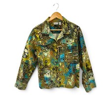 Chico's Abstract Tribal Print Linen Blend Jacket Size 2 Artistic Artsy Eclectic