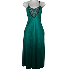 Vintage Coquette Emerald Satin Silk Maxi Slip Dress Embroidered Boho Glam Luxe