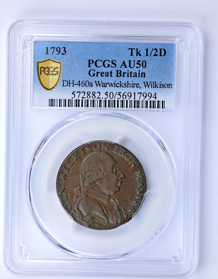 GB 1793 Warwickshire 1/2 Penny Wilkison Vulcan DH-460a PCGS AU50 - Image 2 of 3