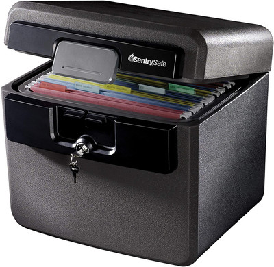 Sentrysafe Black Fireproof and Waterproof Safe, File Folder and Document Box wit