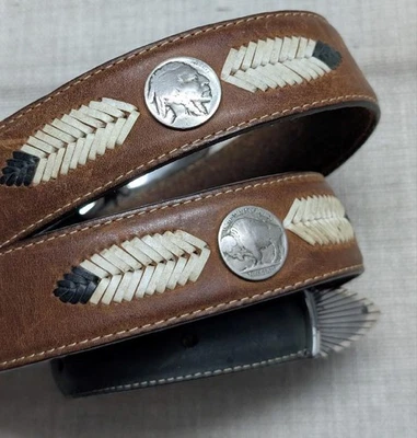 vintage NATIVE AMERICAN buckle belt 38 leather INDIAN HEAD buffalo nickel CONCHO - Image 1 of 4