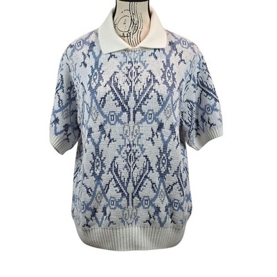 Alfred Dunner Vintage Knit Polo Blue White Retro Preppy Sweater Mens Small