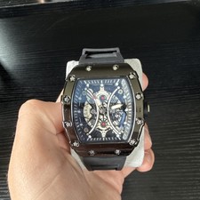 Mens Skeleton Dial Analog Watch Black Case Ru...