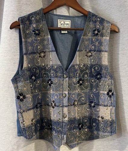 Vintage Tantrums Denim 90s Embroidered Floral Patchwork Vest Size Medium