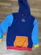 Aldi Gear Hoodie Large Blue Logo Pocket Sweatshirt Pullover Color Block