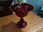 FENTON THUMBPRINT RED PEDESTAL COMPOTE  CANDY DISH RUFFLED RIM