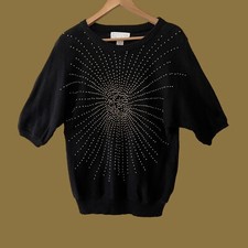 Vintage 90s Black Gold Beaded Western Knit Sweater Top, Medium