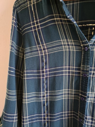 Women's Laura Scott Green Gold Plaid Button-Up Long Sleeve Size XL Blouse - Picture 5 of 12