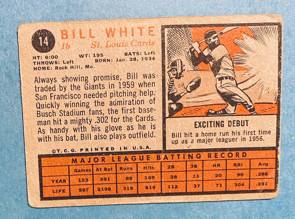 1962 Topps 14 Bill White St. Louis Cardinals Baseball Card eBay