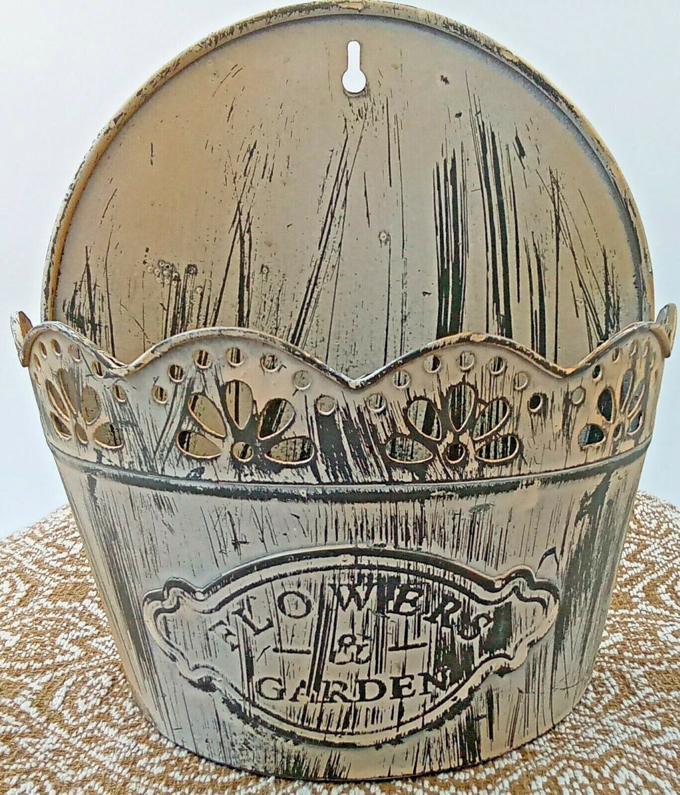 Cream Whitewashed Distressed Flowers & Garden Embossed Metal Wall Pocket 8x8x3