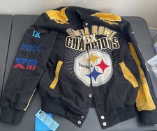 Large Pittsburgh Steelers 6x NFL Super Bowl Champions Varsity Jacket EUC 6 Patch