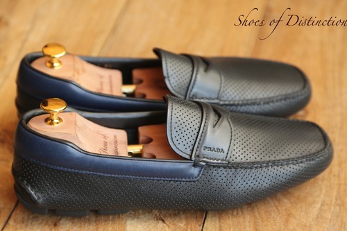 PRADA Perforated Black Blue Leather Driving Shoes Loafers Mens UK 8.5 US 9.5 - Picture 4 of 12