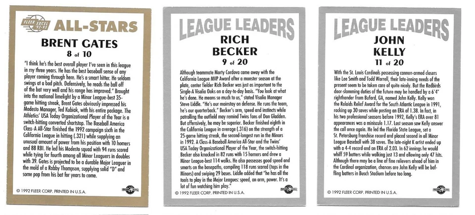 Lot: 3 1992-93 Excel Inserts All-Star Brent Gates Leaders Rich Becker John Kelly - Image 2 of 2