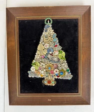 Vintage Costume Jewelry Framed Art Christmas Tree Handmade - One of a Kind