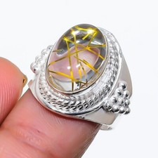 Rutilated Quartz Gemstone Handmade 925 Sterling Silver Jewelry Ring Sz 6 US 