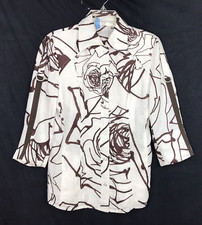 Chico's Linen Jacket M Ivory Floral Snap Buttons 3/4 Tab Sleeve Pockets ITALY