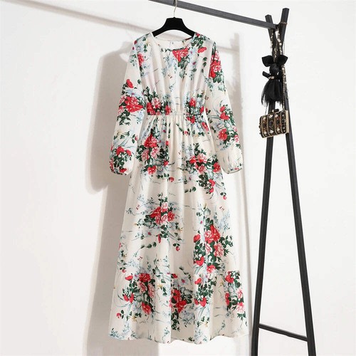 Maxi Dresses Casual Full Sleeve Floral Printed O-neck Woman Long Dress - Picture 32 of 122