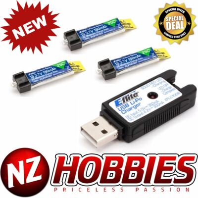 Combo Eflite 1S 3.7V 150mAh 25C (3pcs) Lipo Battery w/USB Charger