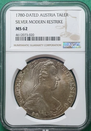 1780- DATED AUSTRIA TALER SILVER MODERN RESTRIKE TONED NGC MS 62