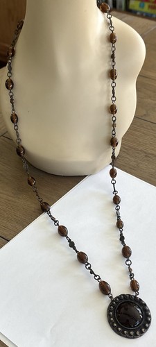 Vtg Boho Antiqued Brass Glass Amber Brown Necklace Choker Renaissance 36" Long