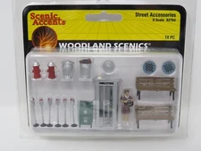Woodland Scenics O 2764 City Street Accessory Set Phone Booth Parking Meter Lady