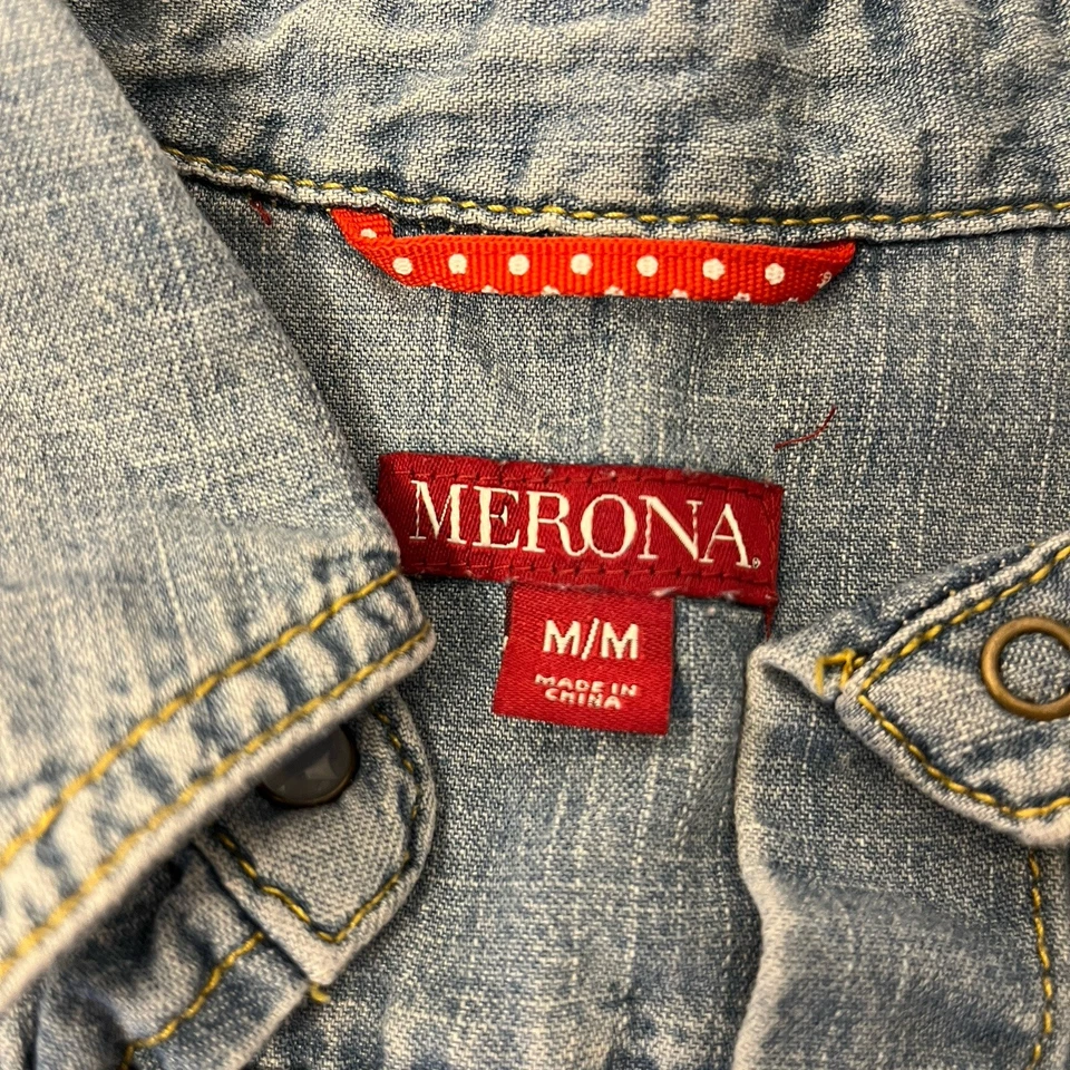 Merona Blue Denim Shirt Women's Medium Snap Closure 2 Pocket Cuffed Sleeves - Изображение 4 из 4